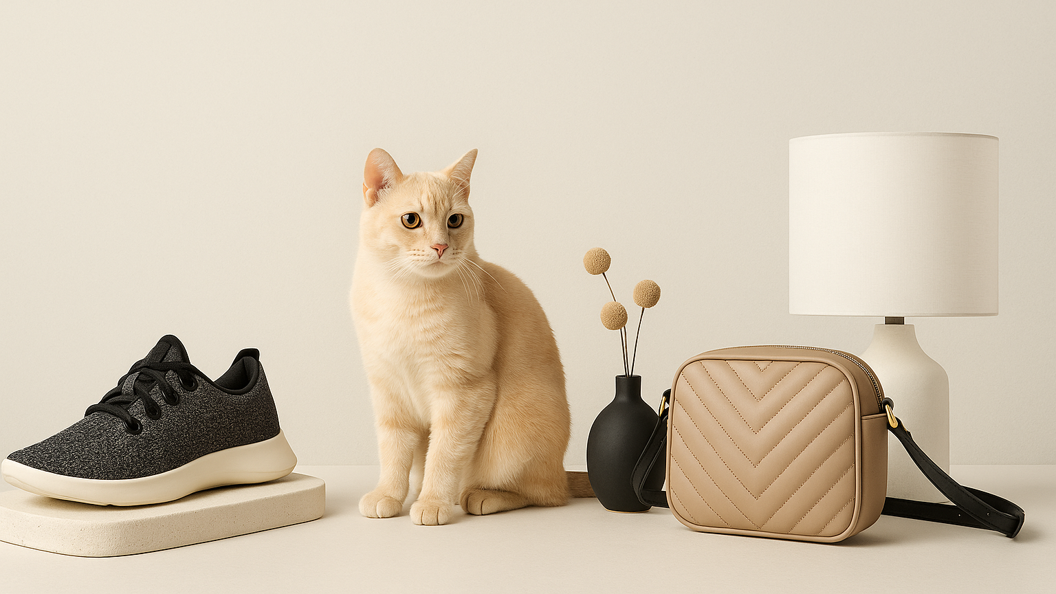 Modern Shopify website banner, clean and minimal design, featuring trendy lifestyle products (trendy, pets, home decor ) arranged aesthetically on a light neutral background, high-end photography style, soft natural lighting, minimal text space for headline overlay, sleek and trustworthy branding aesthetic, inspired by brands like Allbirds, Tradelle, and Shopify. accent tones of pastel beige and bold black for contrast